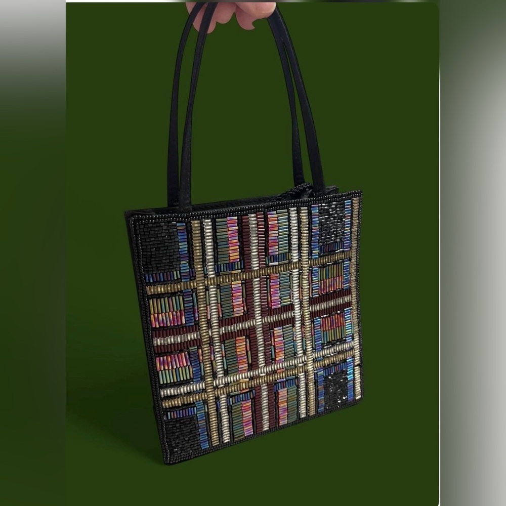 Crossbody Beaded Plaid Tote